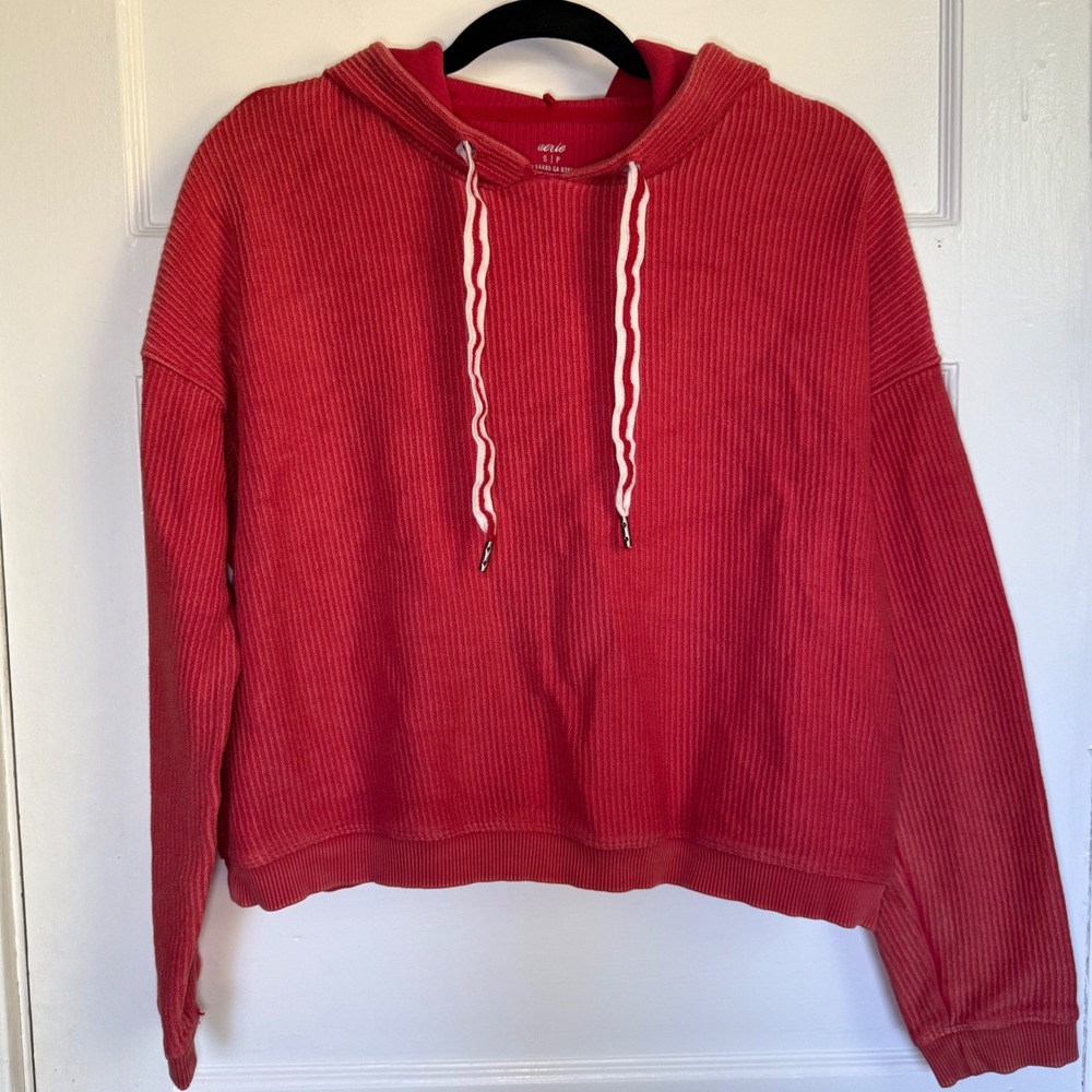 Aerie Ribbed Cropped Hoodie Red Long Sleeve Pullover Sweatshirt Womens Small